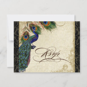 Peacock & Feathers Formal RSVP Réponse Tan Noir