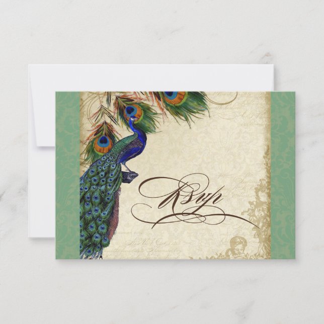 Peacock & Feathers Formal RSVP Réponse Vert Tan (Devant)