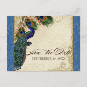 Peacock & Feathers Formal Save the Date Royal Blue Ankündigungspostkarte