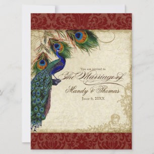 Peacock & Feathers Formal Wedding Einladung Red