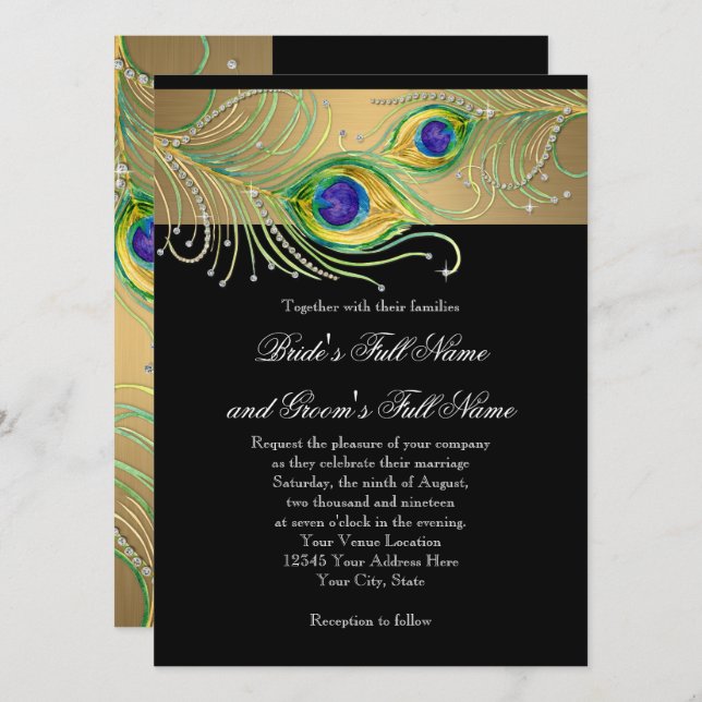 Peacock Feathers Gold in Black Modern Jewel Swirl Einladung (Vorne/Hinten)