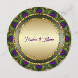 Peacock Feathers Gold Moderne indische Hochzeit Menükarte