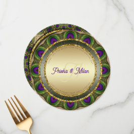 Peacock Feathers Gold Moderne indische Hochzeit Menükarte