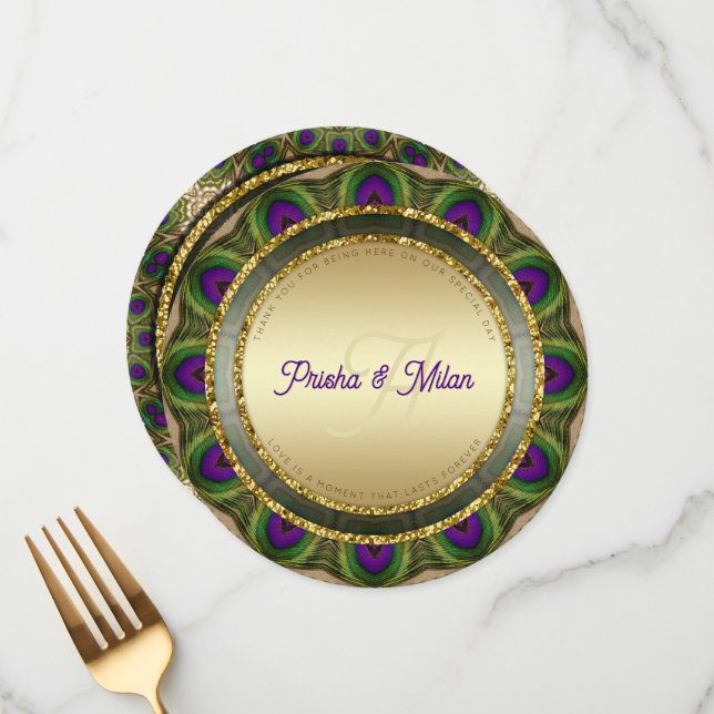 Peacock Feathers Gold Moderne indische Hochzeit Menükarte (Vorderseite/Rückseite Beispiel)