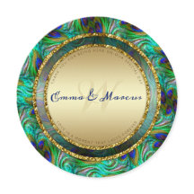 Peacock Feathers Gold Round Wedding Menu Cards