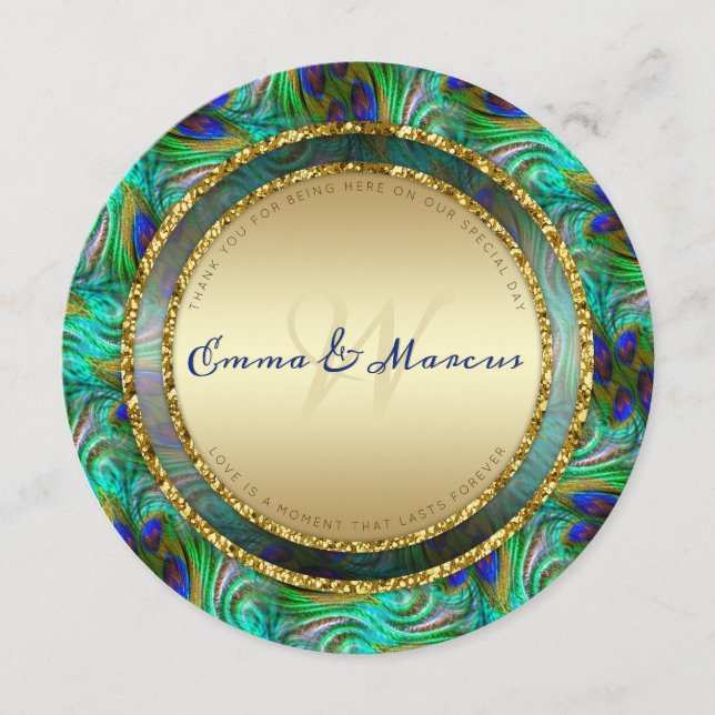Peacock Feathers Gold Round Wedding Menu Cards Menükarte (Vorderseite)