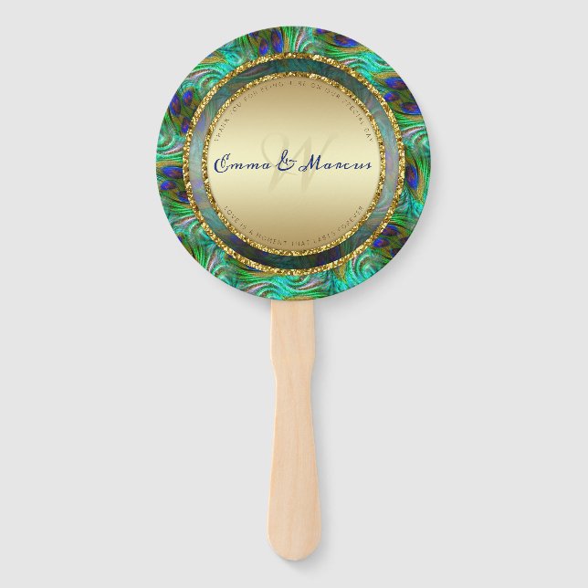 Peacock Feathers Gold Round Wedding Menü Fächer (Vorderseite)