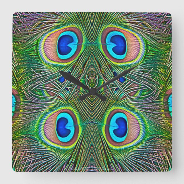 Peacock Feathers Kaleidoskop Print Quadratische Wanduhr (Vorderseite)