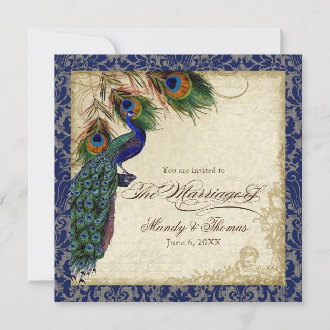 Peacock & Feathers Navy Blue Lace Wedding Square Einladung (Vorderseite)