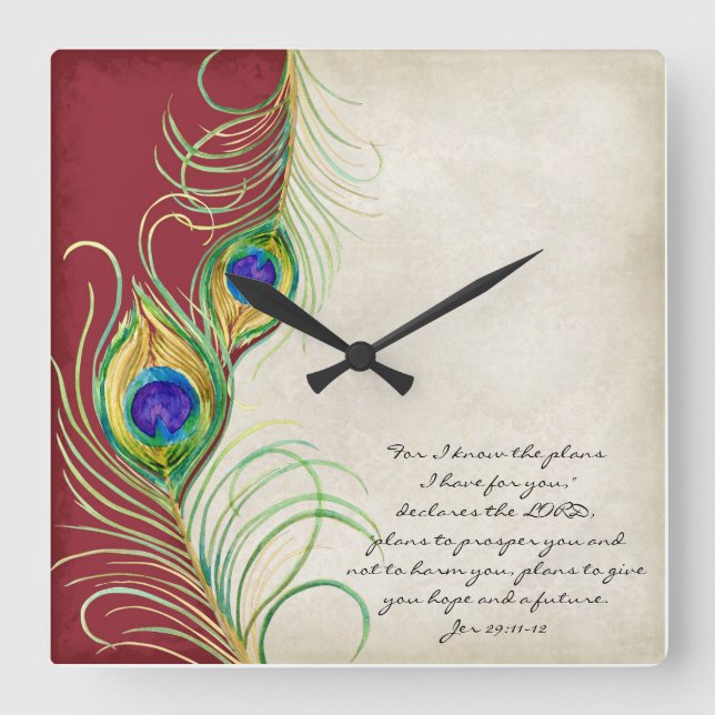 Peacock Feathers Red Damask Christian Scripture Quadratische Wanduhr (Vorderseite)