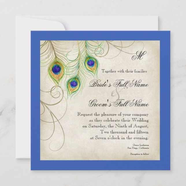 Peacock Feathers Royal Blue Faire-part de mariage (Devant)