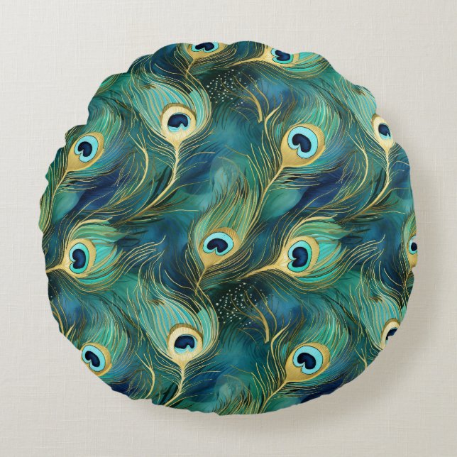 Peacock Feathers Rundes Kissen (Vorderseite)