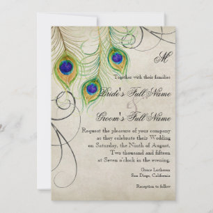 Peacock Feathers Silver Damask Wedding Stationery Einladung