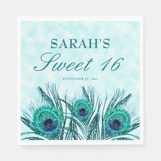 Peacock Feathers Sweet 16 Glittery Feathers Serviette (Vorderseite)