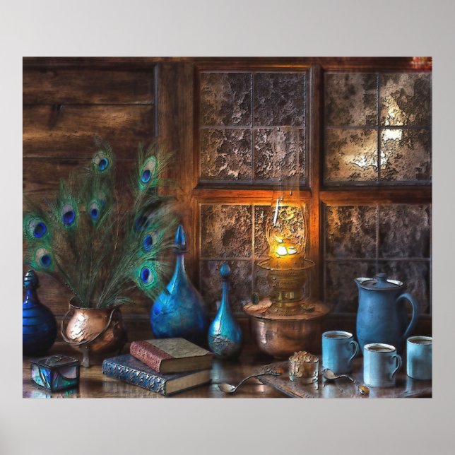 Peacock Feathers Trinkbehälter Kerosene Lamp Poste Poster (Vorne)