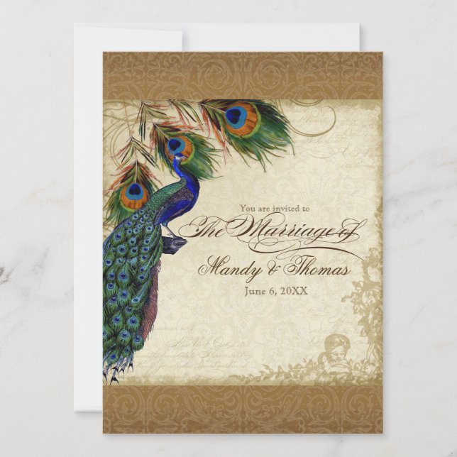 Peacock & Feathers Vintages Gold Look Damask Swirl Einladung (Vorderseite)