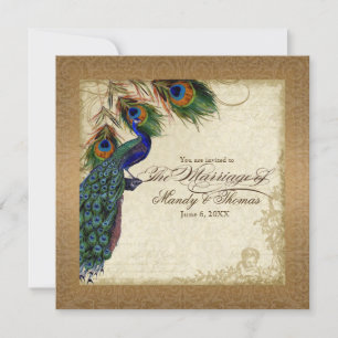 Peacock & Feathers Vintages Gold Look Damask Swirl Einladung