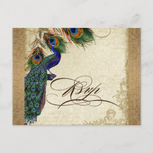 Peacock & Feathers Vintages Gold Look Damask Swirl Einladungspostkarte