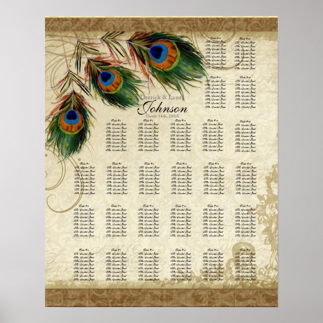 Peacock & Feathers Vintages Gold Look Damask Swirl Poster (Vorne)