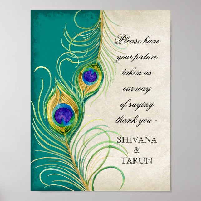 Peacock Feathers Wedding Fotografy Booth Sign Poster (Vorne)