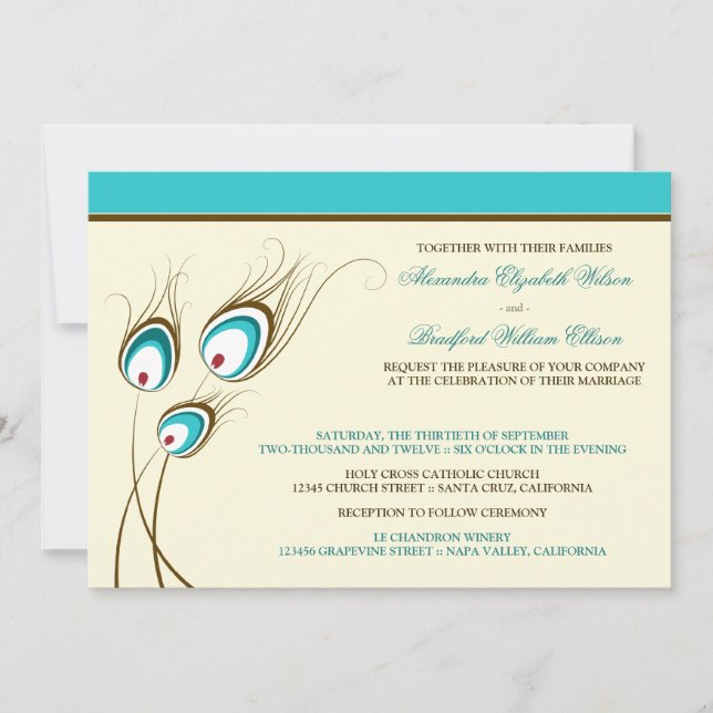 Peacock Feathers Wedding Invitation (aqua) Einladung (Vorderseite)