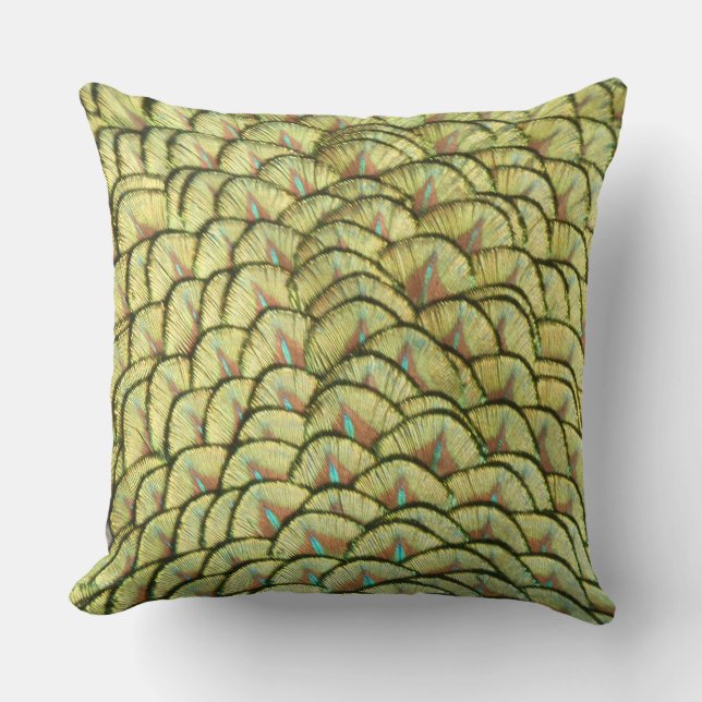 Peacock Feathers Yellow Pattern Throw Kissen (Vorderseite)