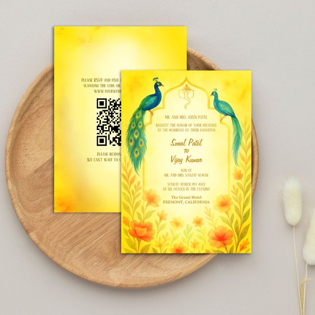 Peacock Floral Indian Hindu Wedding QR Code Einladung (Von Creator hochgeladen)