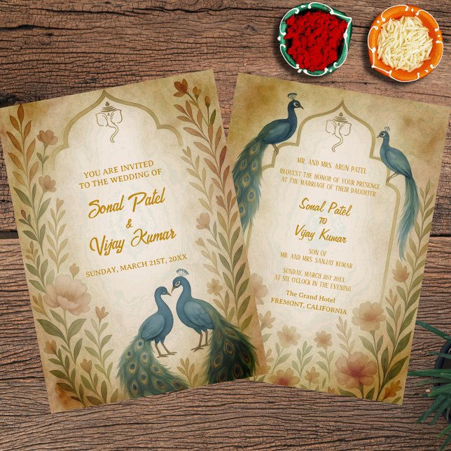 Peacock Floral Indian Hindu Wedding Watercolor Einladung (Von Creator hochgeladen)