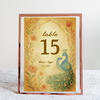 Peacock Floral Indian Wedding Tischnummer Card