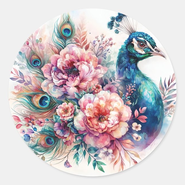 Peacock Floral Watercolor Portrait Runder Aufkleber (Vorderseite)