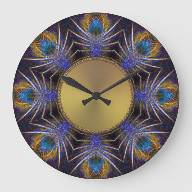 Peacock Fractal Web Feathers Wall Clock Große Wanduhr (Vorderseite)