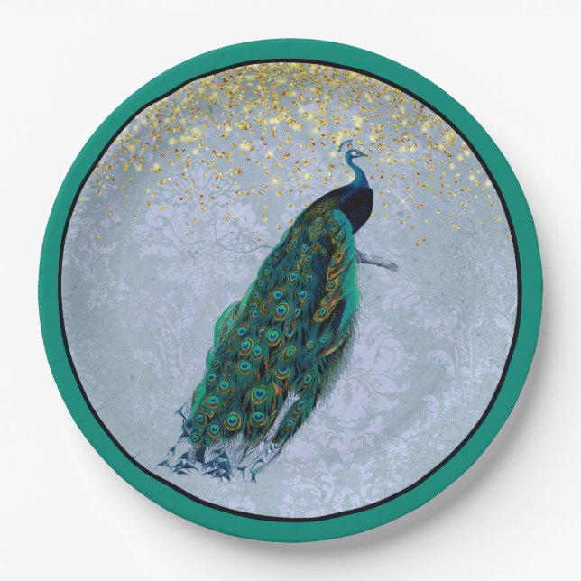 Peacock Gold Glitzern Watercolor Pappteller (Vorderseite)