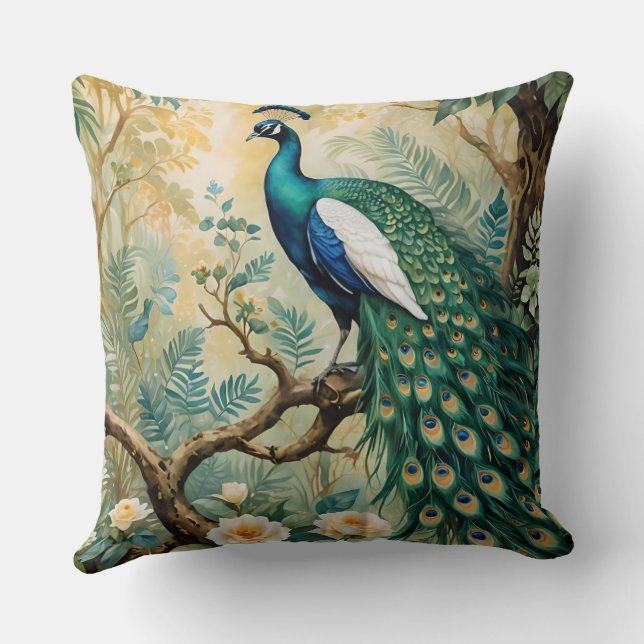 Peacock Golden Aquamariner Blumendschungel Kissen (Rückseite)