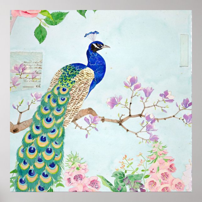 Peacock Graphic | Blue And Yellow Peacocks Poster (Vorne)