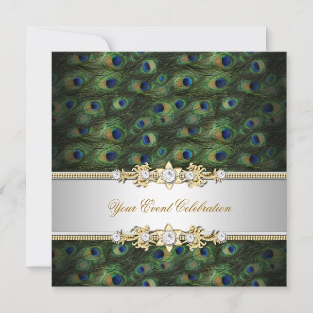 Peacock Green Blue Gold Elegantes Party Einladung (Vorderseite)