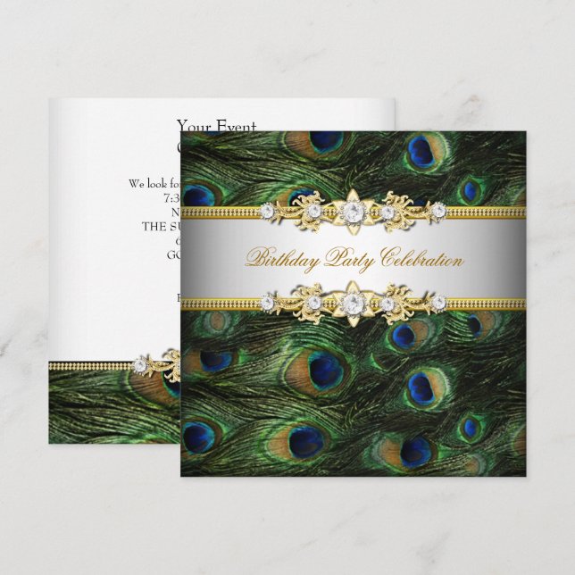 Peacock Green Blue Gold Weißes Party Einladung (Vorne/Hinten)