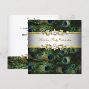 Peacock Green Blue Gold Weißes Party Einladung