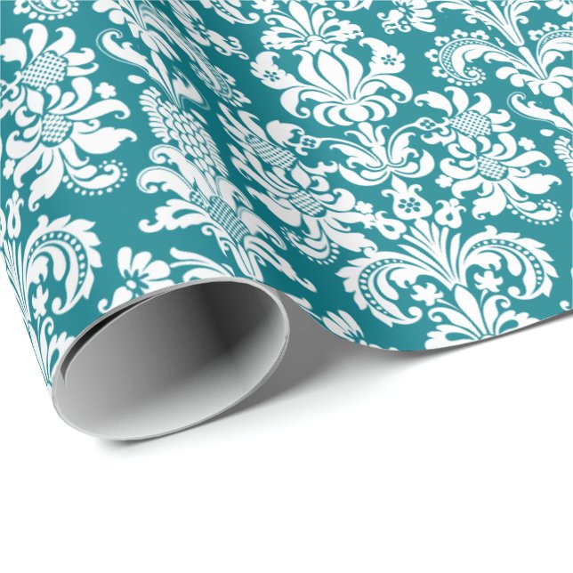 Peacock Green Floral Damaskus weißer Hintergrund Geschenkpapier (Rolleneckpunkt)