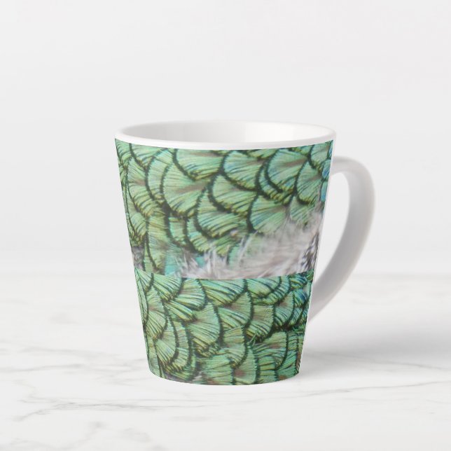 Peacock Green Gris Plumes Latte Mug (Angle droit)