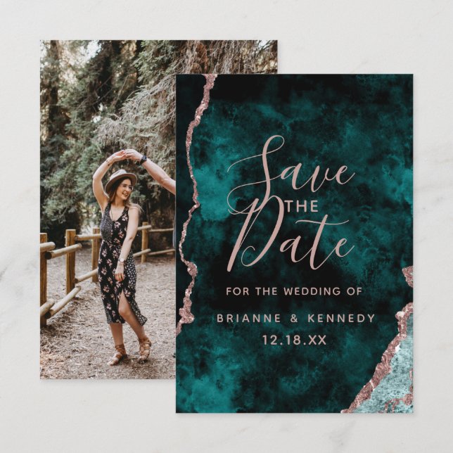 Peacock Green Rose Gold Agate Marble Foto auf der  Save The Date (Vorne/Hinten)