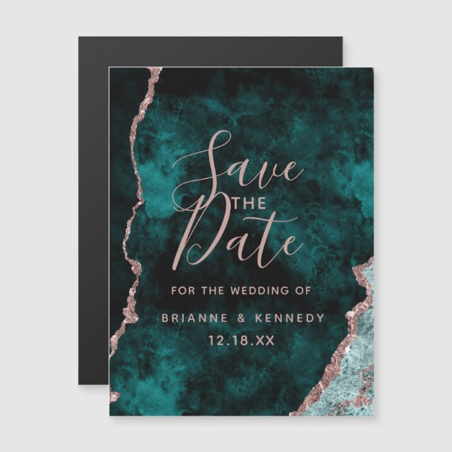 Peacock Green Rose Gold Agate Marble Save the Date Magneteinladung (Vorne/Hinten)