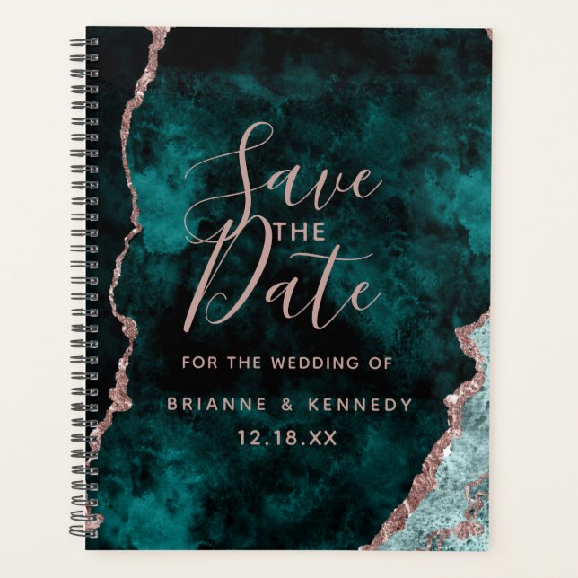 Peacock Green Rose Gold Agate Marble Save the Date Planer (Vorderseite)