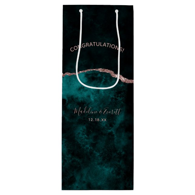 Peacock Green & Rose Gold Foil Herzlichen Glückwun Geschenktüte Für Weinflaschen (Vorderseite)