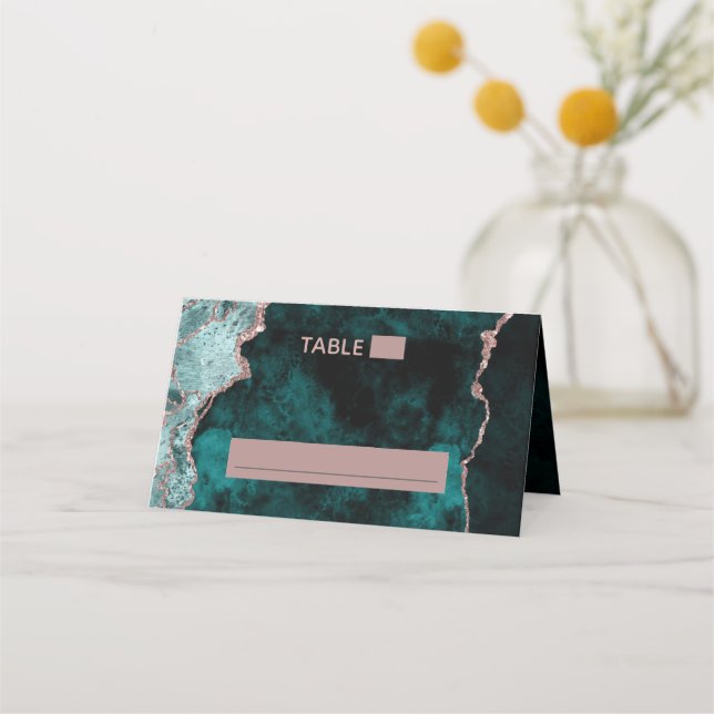 Peacock Green & Rose Gold Fotoratze Tischnummer Platzkarte (Vorderseite)