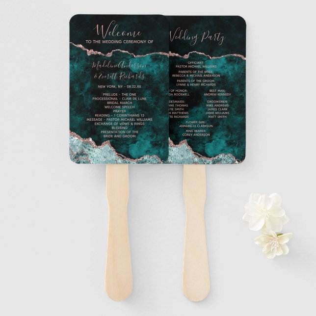 Peacock Green Rose Gold Wedding Zeremonie Programm Fächer (Vorne und Hinten)