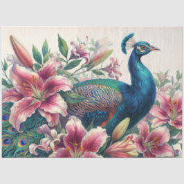Peacock in Bloom – Watercolor Lilies & Plumage Seidenpapier