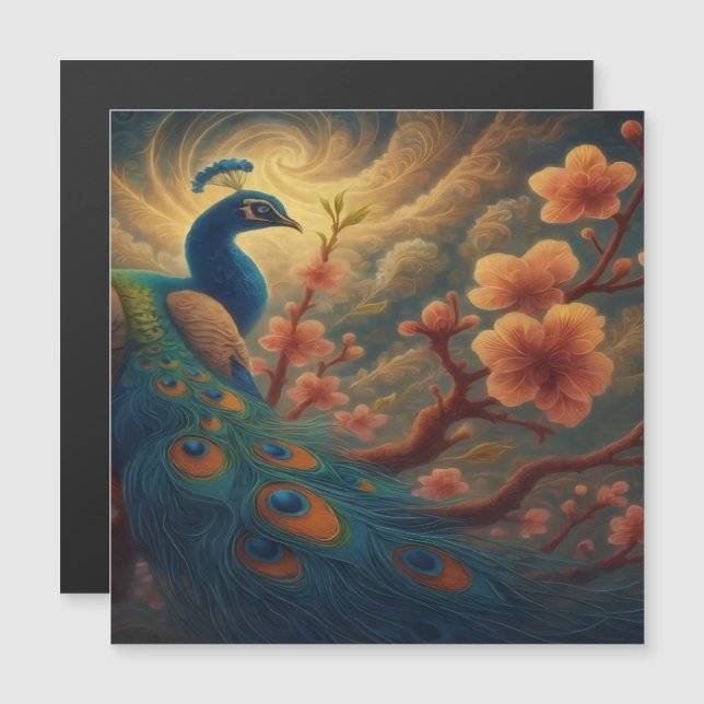Peacock in Blossom Magnet Card (Vorne/Hinten)