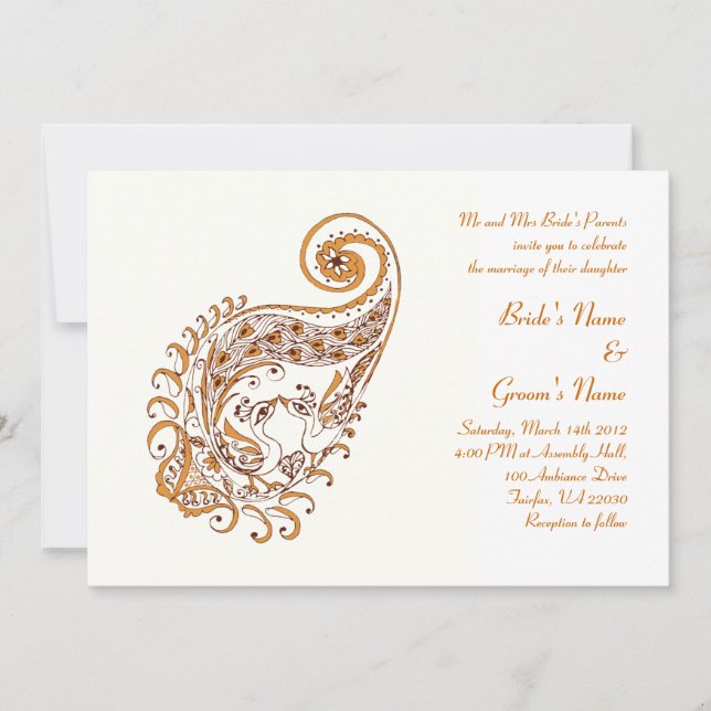 Peacock in Paisley Henna Art Invitation (Devant)