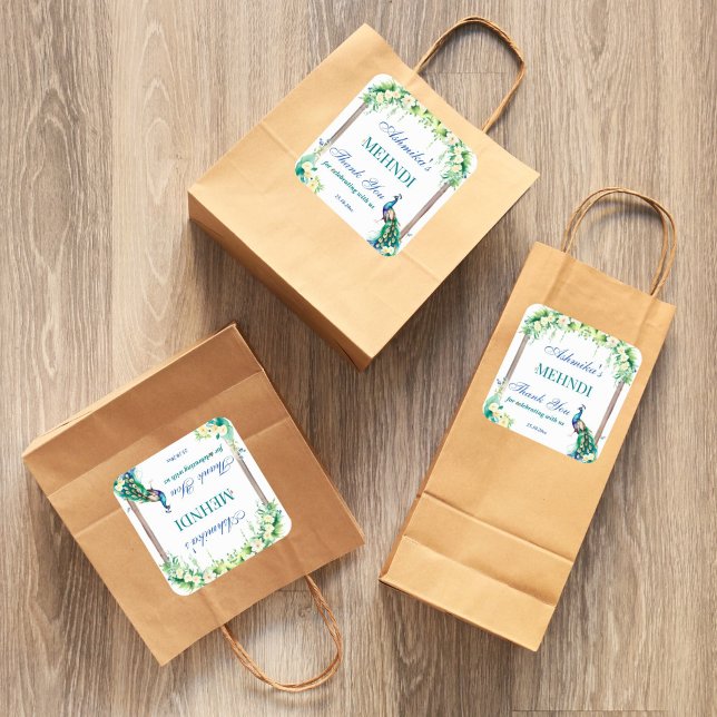 Peacock Jasminblüten Erzhochzeit Indiens Quadratischer Aufkleber (Peacock jasmine Indian wedding mehndi favor gift thank you stickers mehandi favor stickers)