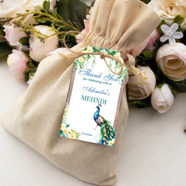 Peacock jasmine arch Indische Hochzeitsmaschine zu Geschenkanhänger (Peacock and jasmine Indian wedding mehndi thank you favor gift tags)